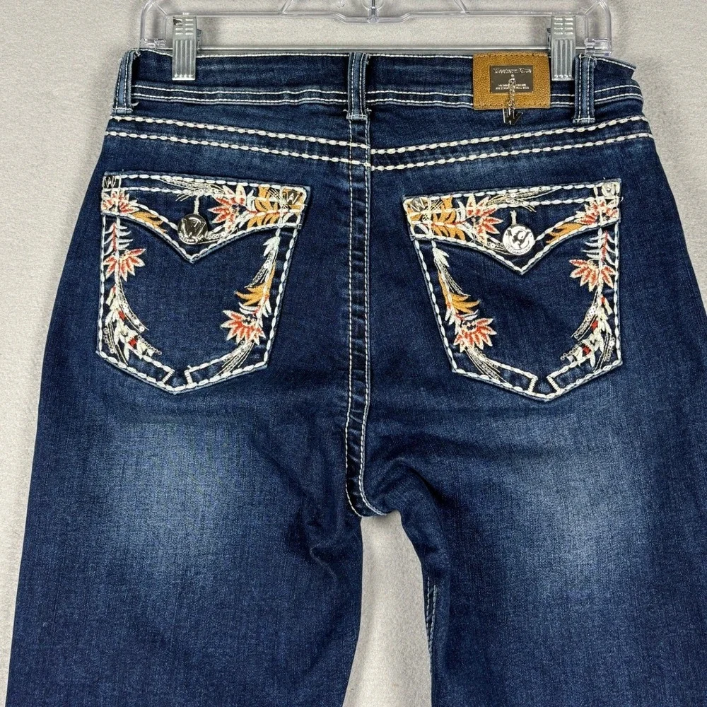 Western Blue Flare Jeans Floral Embroidered Distressed Hem 11 30x29.5 Dark Boho